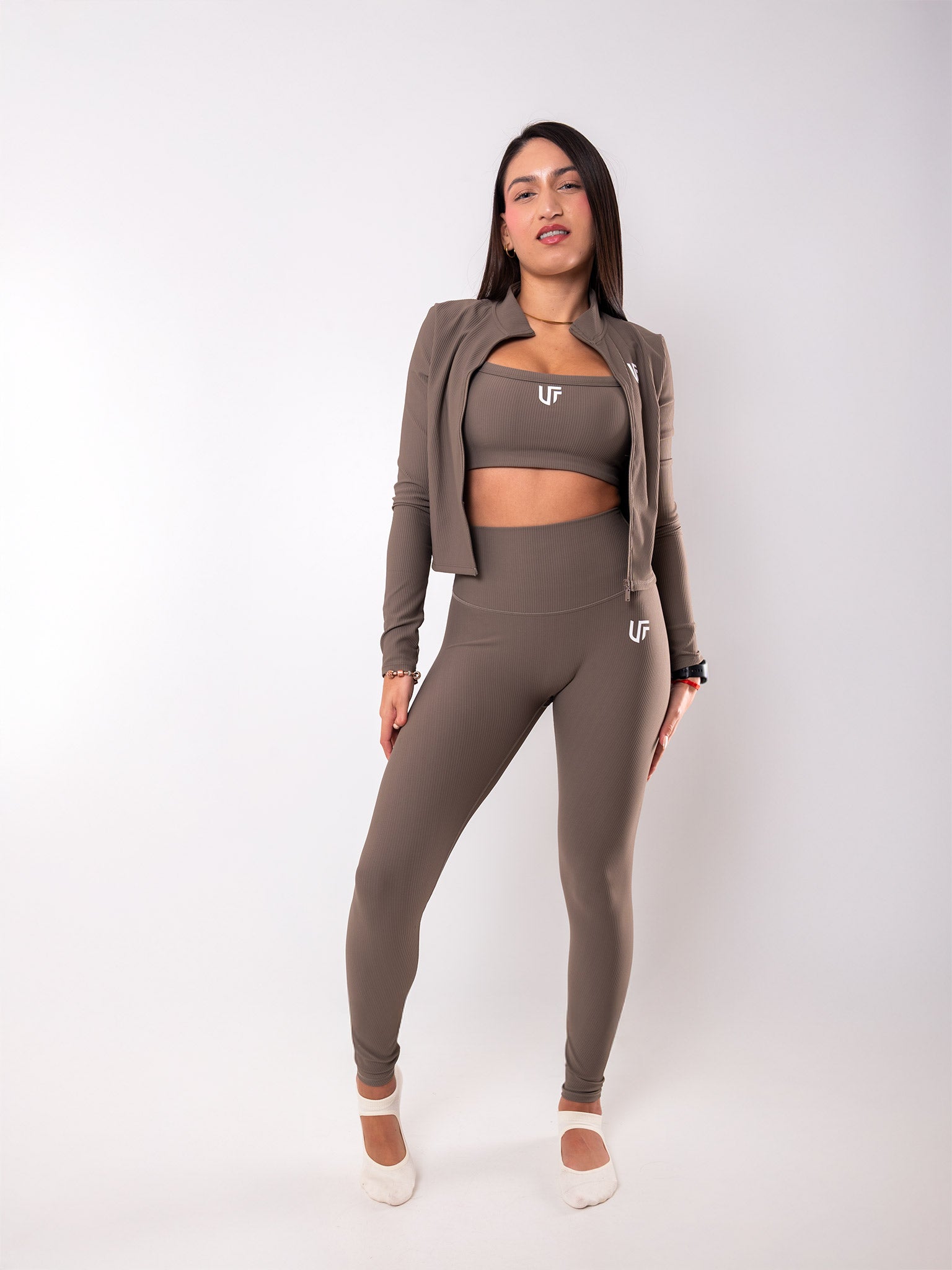 Set 3 Piezas - Leggings + Campera + Top Textura Ribbed