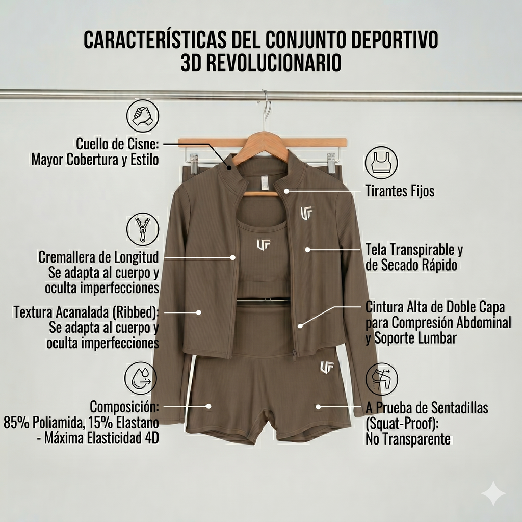 Conjunto 3 Piezas Mocha - Top + Short + Chaqueta Deportiva