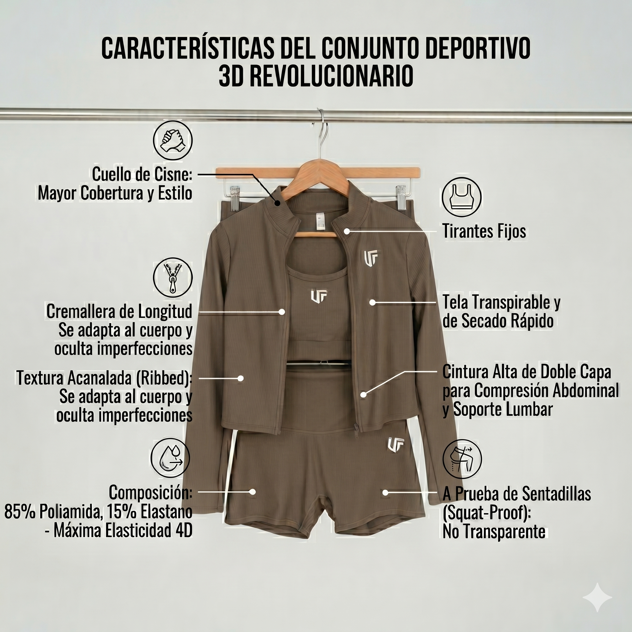 Conjunto 3 Piezas Mocha - Top + Short + Chaqueta Deportiva