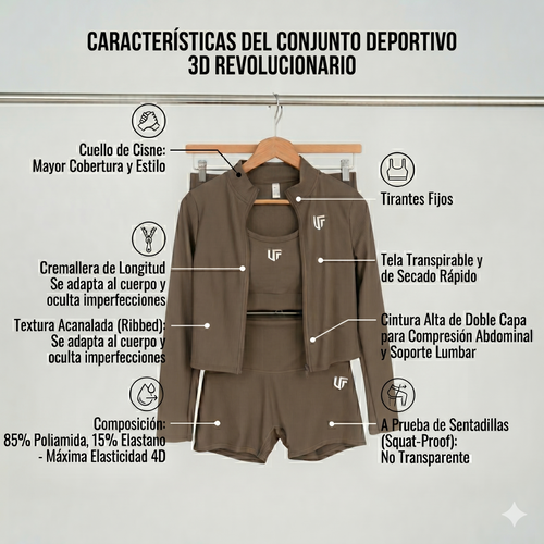 Conjunto 3 Piezas Mocha - Top + Short + Chaqueta Deportiva