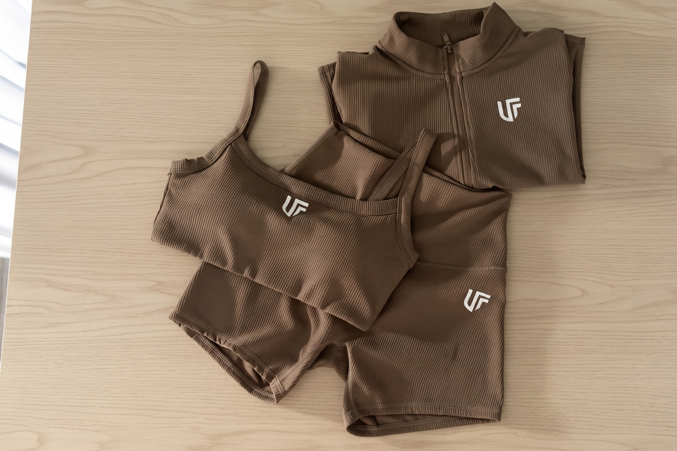 Conjunto 3 Piezas Mocha - Top + Short + Chaqueta Deportiva